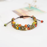 Boho Ceramic Bead Bracelet – Adjustable Woven Cord with Floral Charms