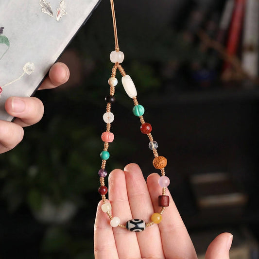 18 Blessings Phone Strap with Tibetan Dzi Beads &amp; Mixed Jade - Protection Amulet - Proyoo Handmade
