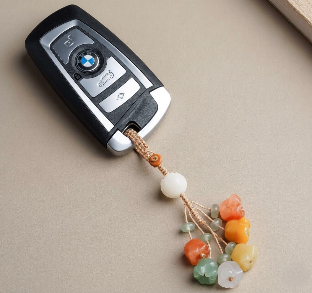 Blossom of Hope Car Keychain - Lily of the Valley & Chalcedony Charm for Women - lifestyle product photo - Proyoo Handmade