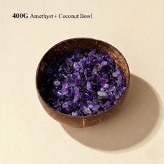Crystal Cleansing Bowl - 400g Raw Gems with Eco Coconut Smudge Bowl - lifestyle product photo - Proyoo Handmade