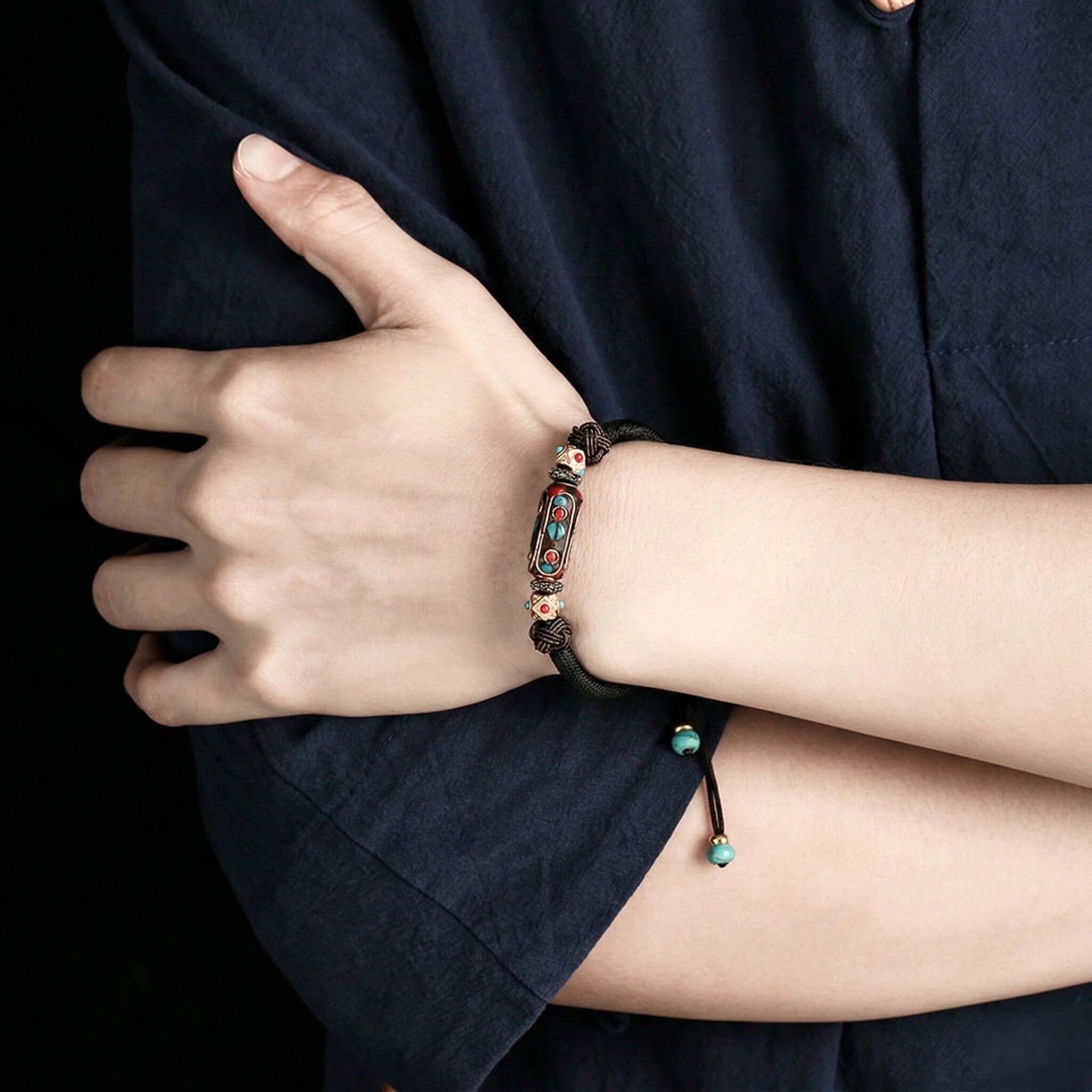 The "Nomad Spirit" Boho Braided Bracelet, Unisex Adjustable Vintage Cloisonné Rope - detail close-up view - Proyoo Handmade