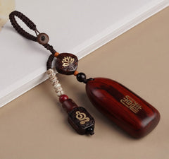Artisan "All is Well" Wood Keychain - Premium Sandalwood Lotus Amulet for Good Fortune - alternate angle view - Proyoo natural gemstone accessory