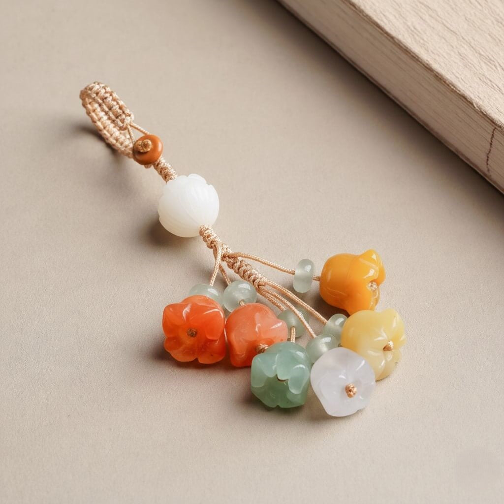 Blossom of Hope Car Keychain - Lily of the Valley & Chalcedony Charm for Women - product showcase - handcrafted artisan jewelry Proyoo