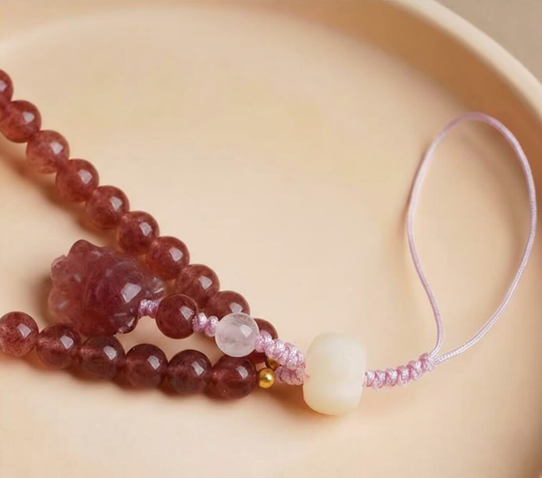 Phone Charm for Romance & Heart Opening, Natural Strawberry Quartz Beaded Phone Strap - lifestyle product photo - Proyoo Handmade