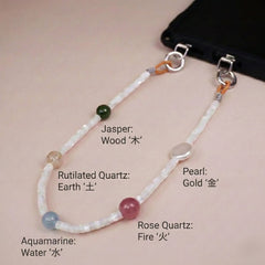Five Elements Crystal Phone Chain | Pearl, Aquamarine, Rose Quartz & Jasper Beaded Strap
