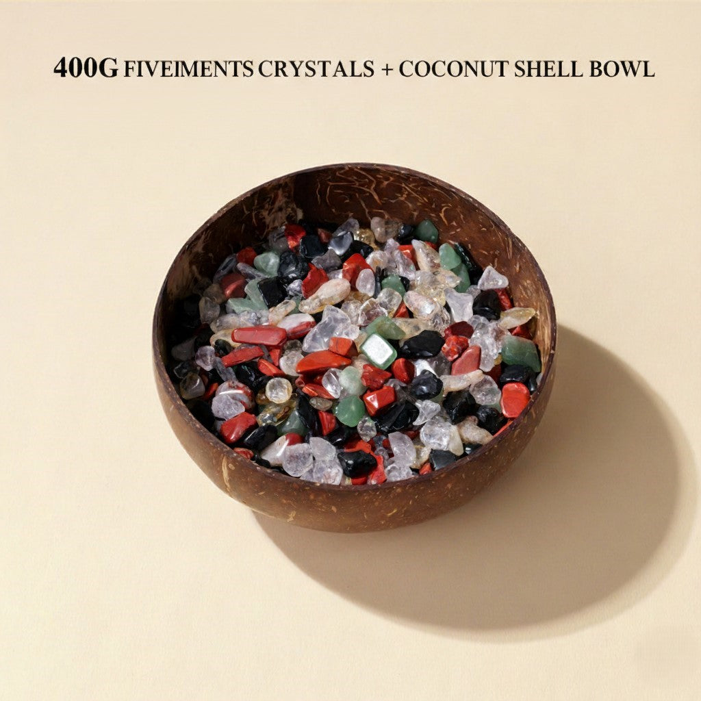 Crystal Cleansing Bowl - 400g Raw Gems with Eco Coconut Smudge Bowl - product showcase - handcrafted artisan jewelry Proyoo