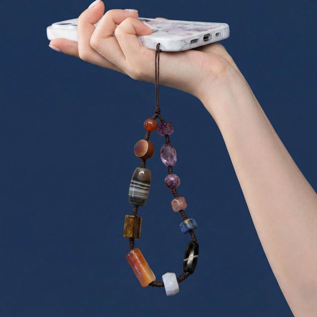 Natural Crystal Phone Wrist Strap | Chunky Mixed Gemstone Wristlet (Agate, Lapis, Amethyst) - 27cm