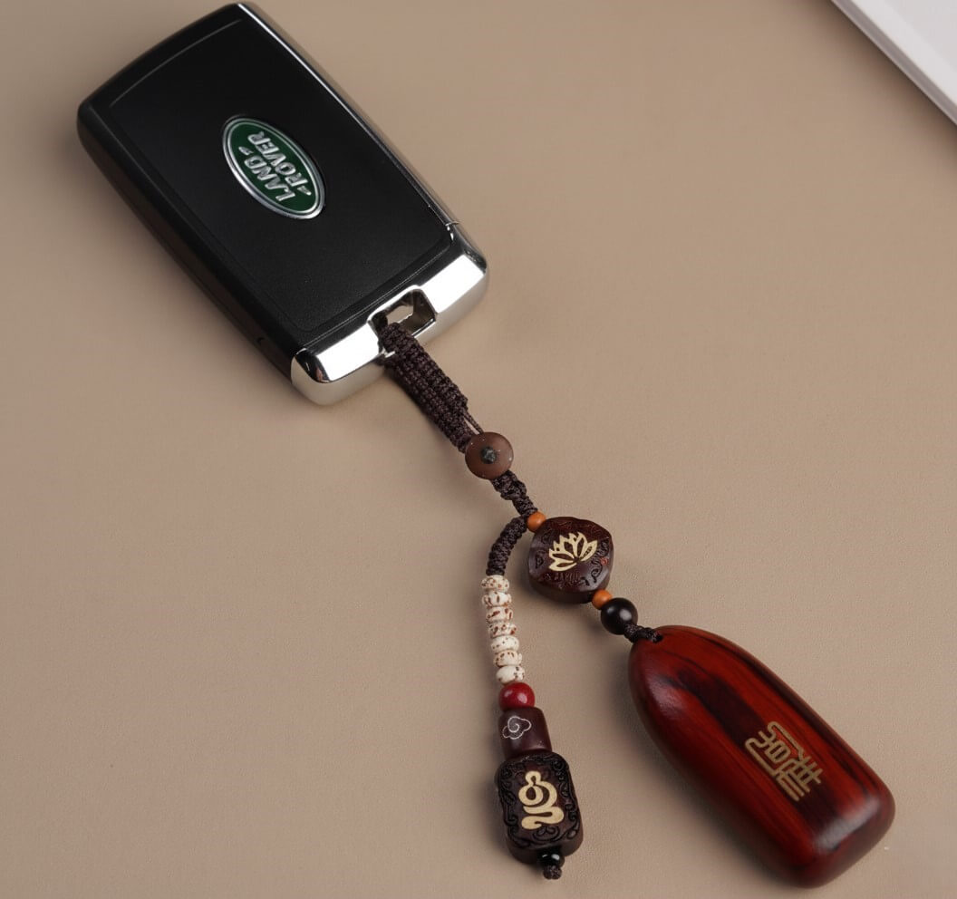 Artisan "All is Well" Wood Keychain - Premium Sandalwood Lotus Amulet for Good Fortune - Handcrafted Crystal Jewelry by Proyoo