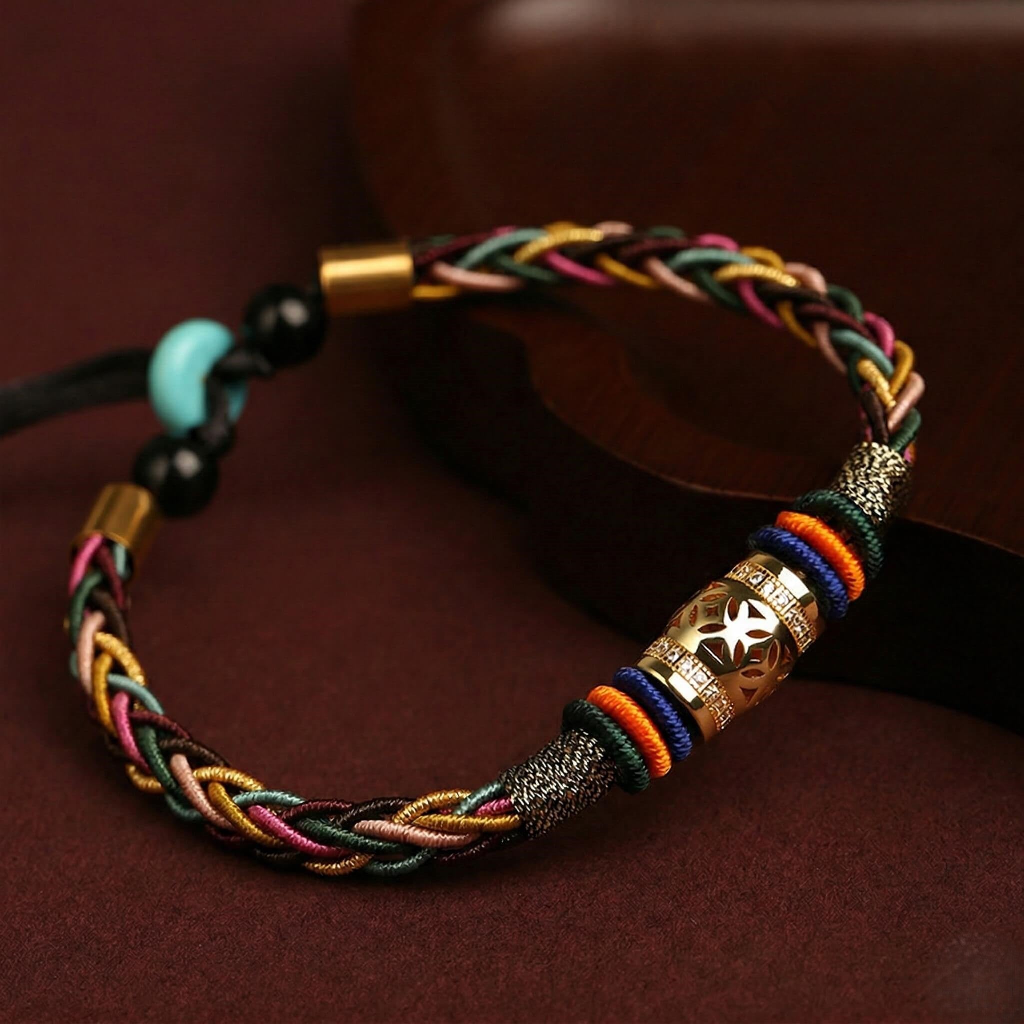 The "Infinite Peace" Bracelet for Women, Artisan-Woven Jewelry with Lucky Golden Charm - detail close-up view - Proyoo Handmade