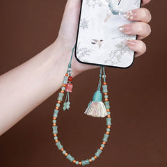 Heart Chakra Healing Phone Wristlet - Green Aventurine, Agate & Olive Nut Phone Chain - lifestyle product photo - Proyoo Handmade