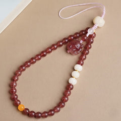 Phone Charm for Romance & Heart Opening, Natural Strawberry Quartz Beaded Phone Strap - detail close-up view - Proyoo Handmade