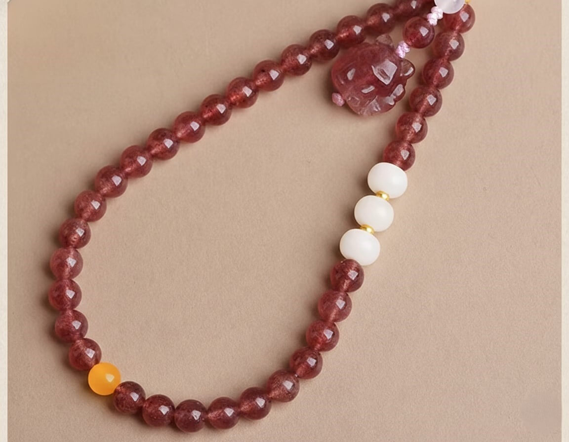 Phone Charm for Romance & Heart Opening, Natural Strawberry Quartz Beaded Phone Strap - alternate angle view - Proyoo natural gemstone accessory