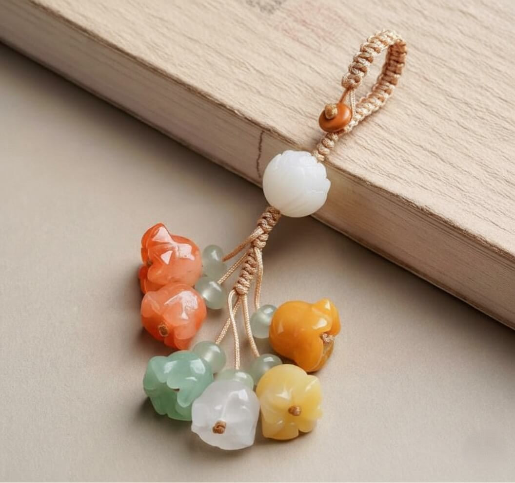 Blossom of Hope Car Keychain - Lily of the Valley & Chalcedony Charm for Women - alternate angle view - Proyoo natural gemstone accessory