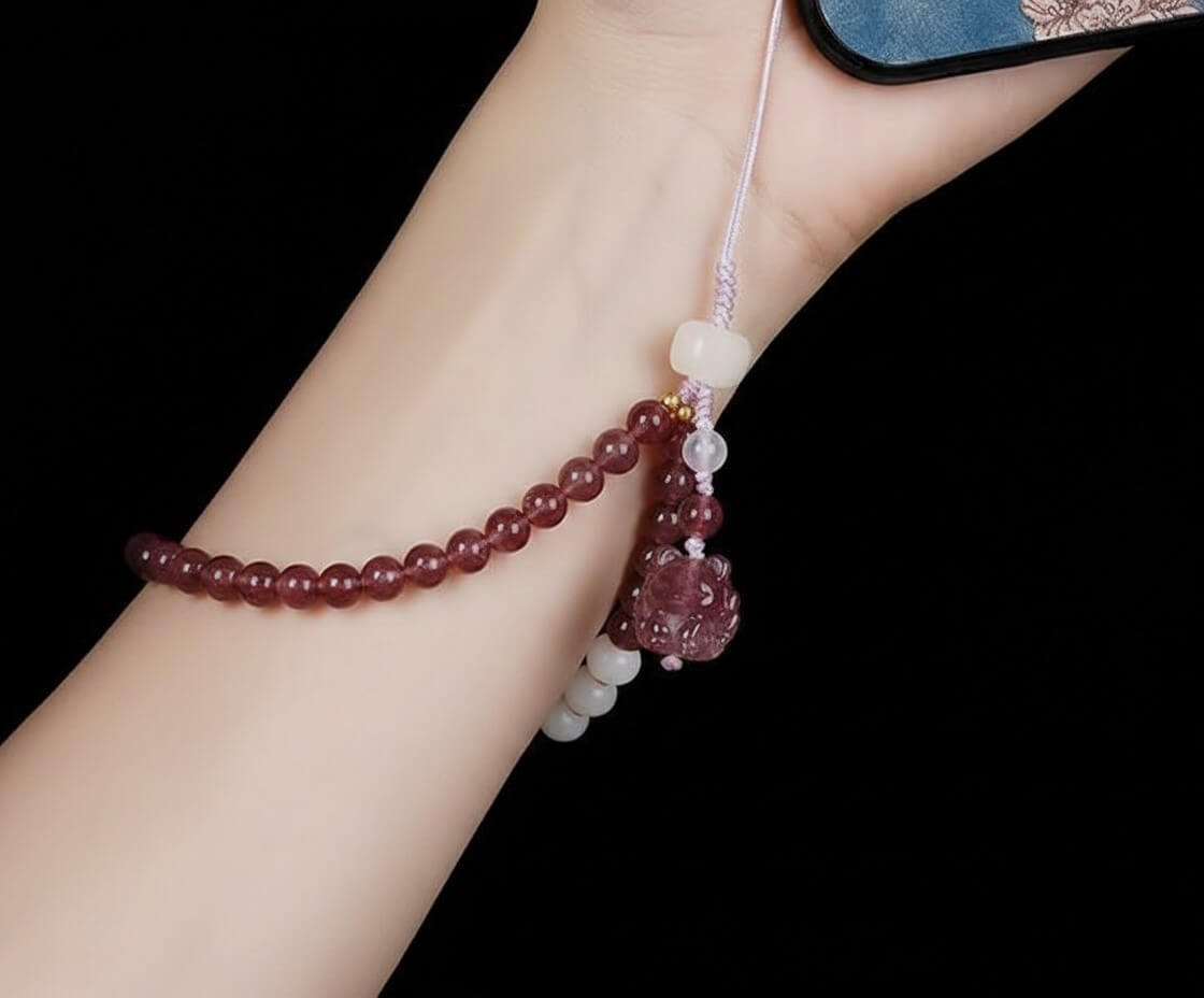 Phone Charm for Romance & Heart Opening, Natural Strawberry Quartz Beaded Phone Strap - Handcrafted Crystal Jewelry by Proyoo