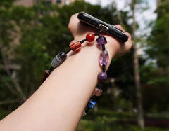 Natural Crystal Phone Wrist Strap | Chunky Mixed Gemstone Wristlet (Agate, Lapis, Amethyst) - 27cm