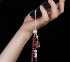 Phone Charm for Romance & Heart Opening, Natural Strawberry Quartz Beaded Phone Strap - detail close-up view - Proyoo Handmade