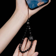 Guardian Crystal Phone Wristlet, Natural Silver Obsidian & Dzi Bead Protective Strap - detail close-up view - Proyoo Handmade