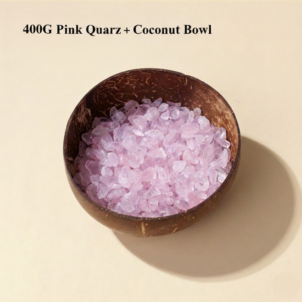 Crystal Cleansing Bowl - 400g Raw Gems with Eco Coconut Smudge Bowl - detail close-up view - Proyoo Handmade
