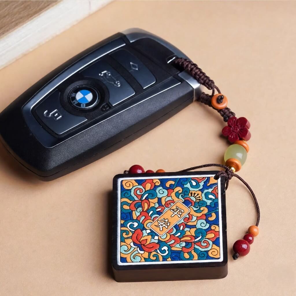 Safe Journey Boho Car Keychain - Ebony Wood Amulet for Protection & Peace - detail close-up view - Proyoo Handmade