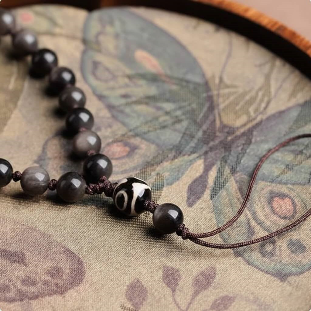 Guardian Crystal Phone Wristlet, Natural Silver Obsidian & Dzi Bead Protective Strap - Handcrafted Crystal Jewelry by Proyoo
