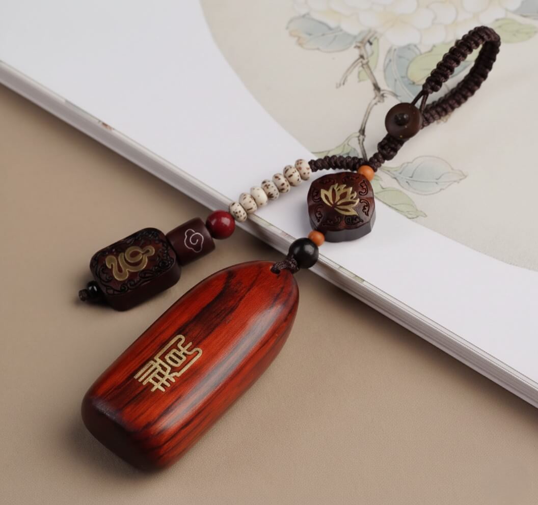 Artisan "All is Well" Wood Keychain - Premium Sandalwood Lotus Amulet for Good Fortune - product showcase - handcrafted artisan jewelry Proyoo