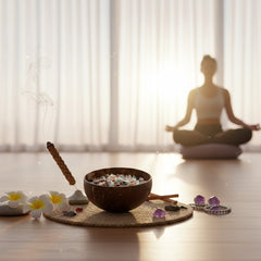 Crystal Cleansing Bowl - 400g Raw Gems with Eco Coconut Smudge Bowl - detail close-up view - Proyoo Handmade