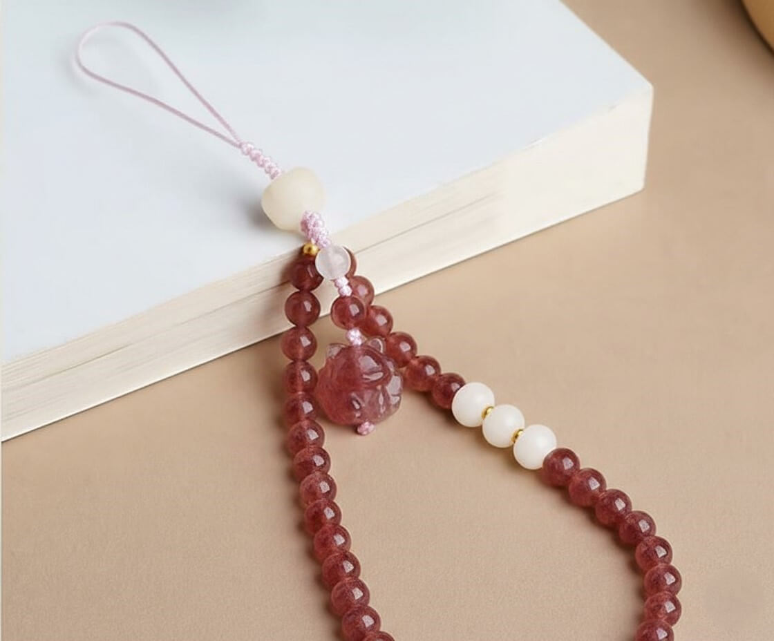 Phone Charm for Romance & Heart Opening, Natural Strawberry Quartz Beaded Phone Strap - product showcase - handcrafted artisan jewelry Proyoo