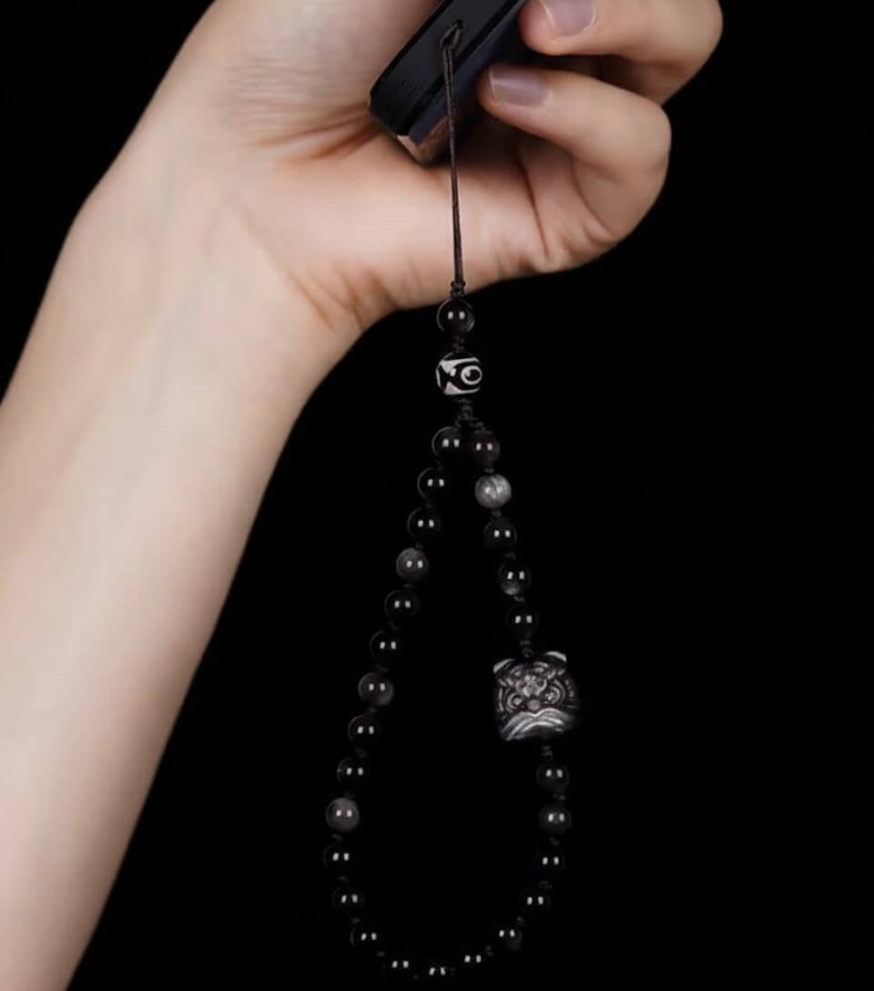 Guardian Crystal Phone Wristlet, Natural Silver Obsidian & Dzi Bead Protective Strap - Handcrafted Crystal Jewelry by Proyoo
