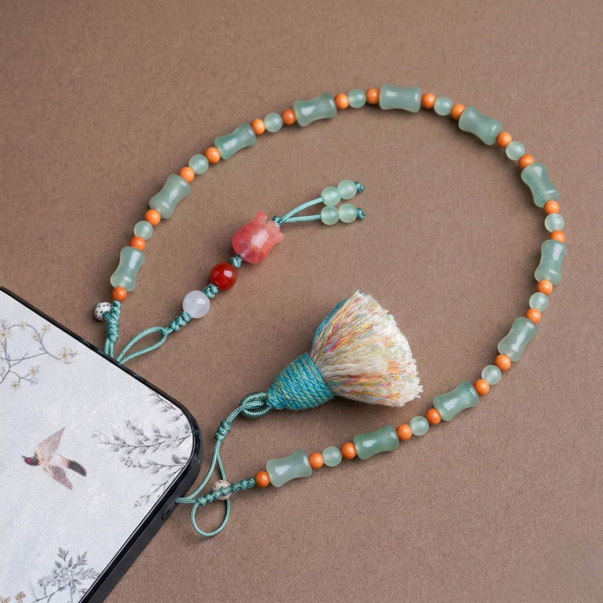 Heart Chakra Healing Phone Wristlet - Green Aventurine, Agate & Olive Nut Phone Chain - detail close-up view - Proyoo Handmade