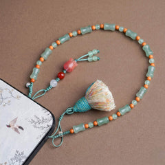 Heart Chakra Healing Phone Wristlet - Green Aventurine, Agate & Olive Nut Phone Chain - detail close-up view - Proyoo Handmade