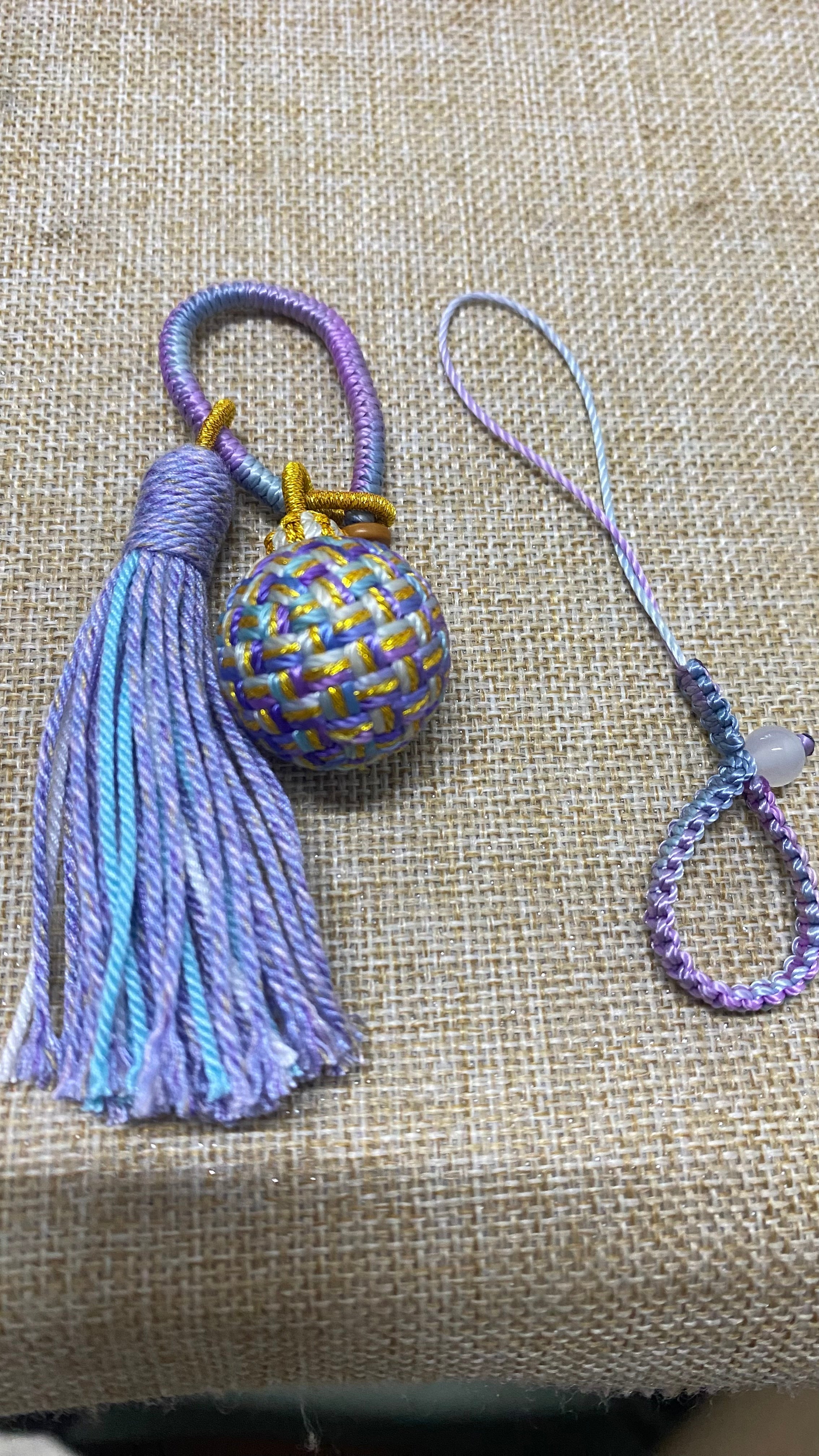 Hand-braided Phone Charm with Natural Stone Beads, Tassel and Prayer Wheel for Phone, Bag, Camera or Keychains - detail close-up view - Proyoo Handmade