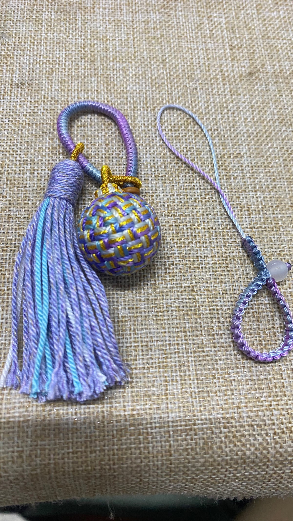 Hand-braided Phone Charm with Natural Stone Beads, Tassel and Prayer Wheel for Phone, Bag, Camera or Keychains - detail close-up view - Proyoo Handmade