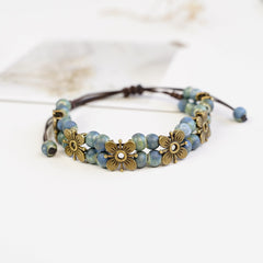 Boho Ceramic Bead Bracelet – Adjustable Woven Cord with Floral Charms