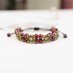 Boho Ceramic Bead Bracelet – Adjustable Woven Cord with Floral Charms