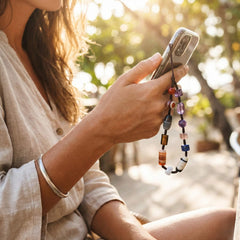 Natural Crystal Phone Wrist Strap | Chunky Mixed Gemstone Wristlet (Agate, Lapis, Amethyst) - 27cm