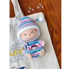 Handmade Pink & Blue Striped Romper with Hat for Labubu The Monsters Macaron Plush