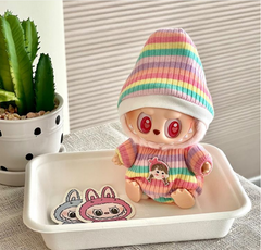 Handmade Pink & Blue Striped Romper with Hat for Labubu The Monsters Macaron Plush