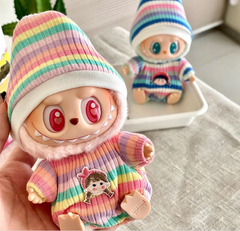 Handmade Pink & Blue Striped Romper with Hat for Labubu The Monsters Macaron Plush