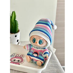 Handmade Pink & Blue Striped Romper with Hat for Labubu The Monsters Macaron Plush
