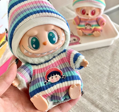 Handmade Pink & Blue Striped Romper with Hat for Labubu The Monsters Macaron Plush