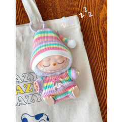 Handmade Pink & Blue Striped Romper with Hat for Labubu The Monsters Macaron Plush