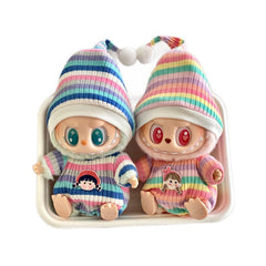 Handmade Pink & Blue Striped Romper with Hat for Labubu The Monsters Macaron Plush