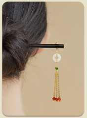 Green Sandalwood Hairpin with Natural Stone Charms-Handcrafted Elegance