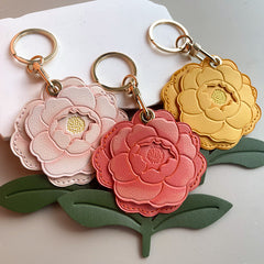 Handmade Leather Flower Keychain –Floral Charm in 4 Colors