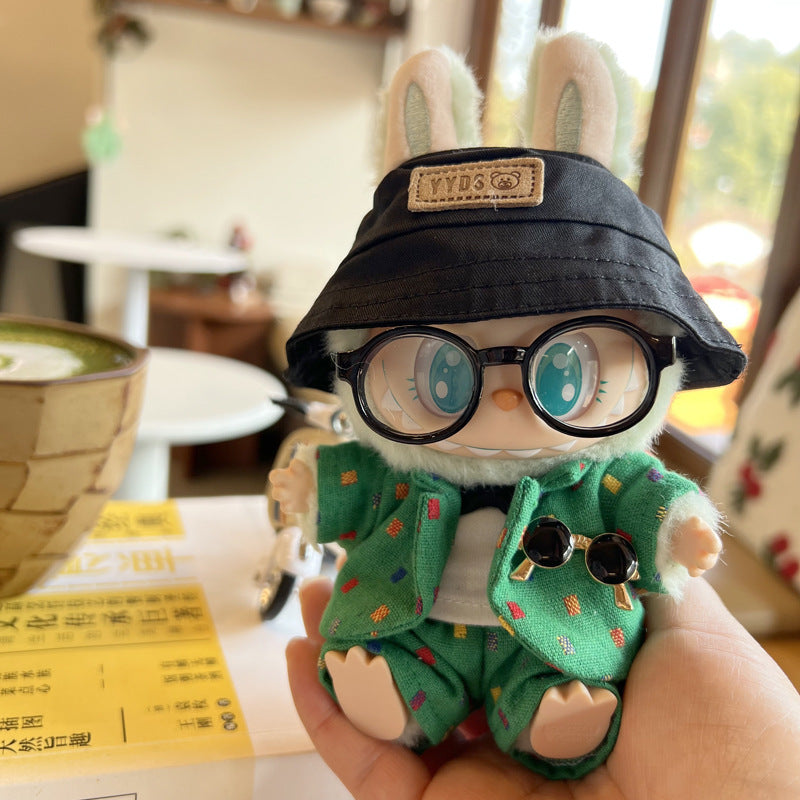 Handmade Khaki & Green Suit Set with Hat and Glass for 15-17cm Labubu Dolls
