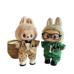 Handmade Khaki & Green Suit Set with Hat and Glass for 15-17cm Labubu Dolls