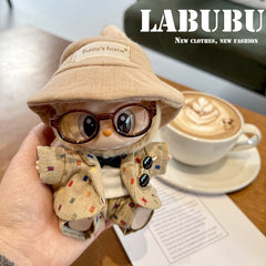 Handmade Khaki & Green Suit Set with Hat and Glass for 15-17cm Labubu Dolls