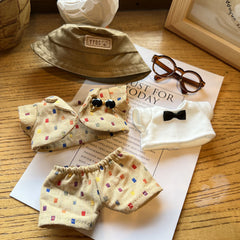 Handmade Khaki & Green Suit Set with Hat and Glass for 15-17cm Labubu Dolls