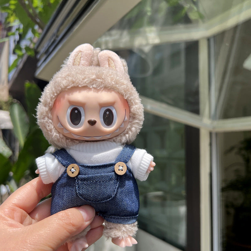 17cm Labubu Outfit Set – White T-Shirt, Denim Overalls, Khaki Hat