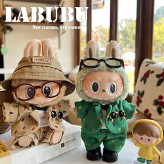Handmade Khaki & Green Suit Set with Hat and Glass for 15-17cm Labubu Dolls